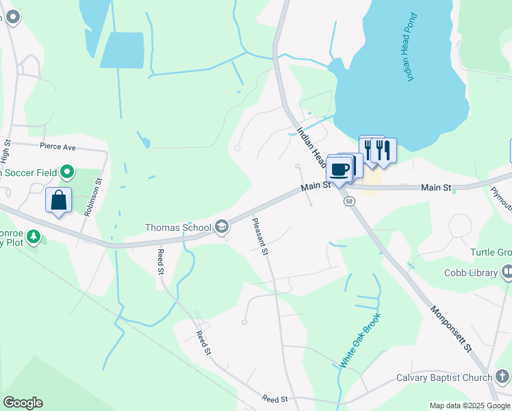 map of restaurants, bars, coffee shops, grocery stores, and more near 474 Main Street in Hanson
