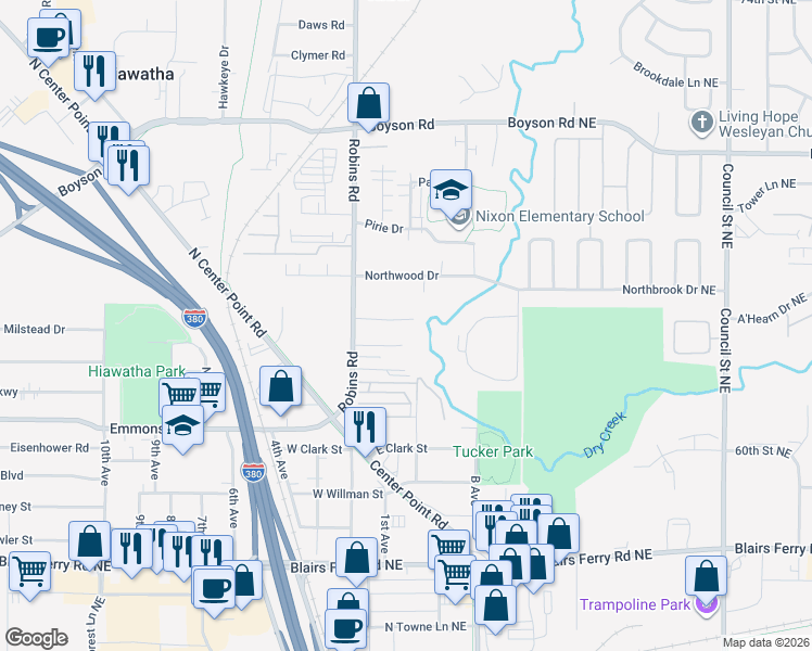 map of restaurants, bars, coffee shops, grocery stores, and more near 119 Chaffee Drive in Hiawatha