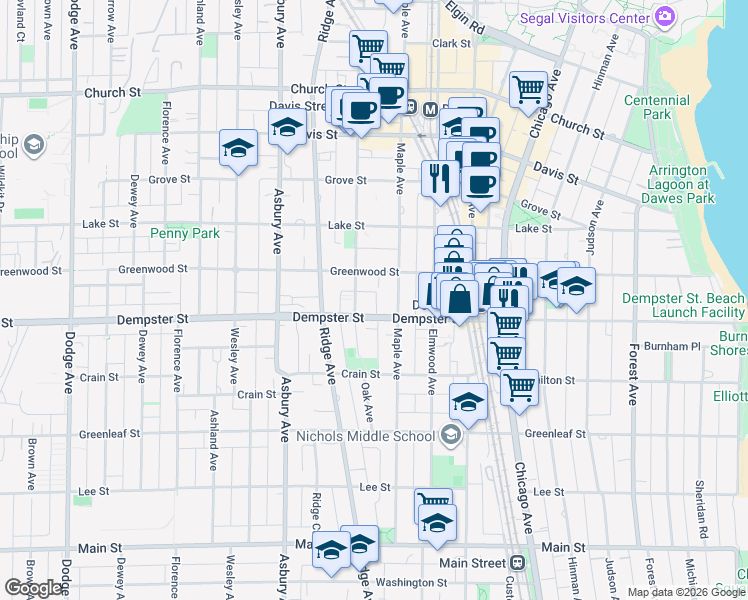 map of restaurants, bars, coffee shops, grocery stores, and more near 1317 Oak Avenue in Evanston