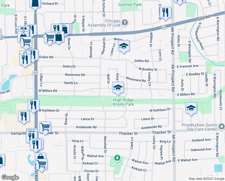 map of restaurants, bars, coffee shops, grocery stores, and more near 361 West Millers Road in Des Plaines