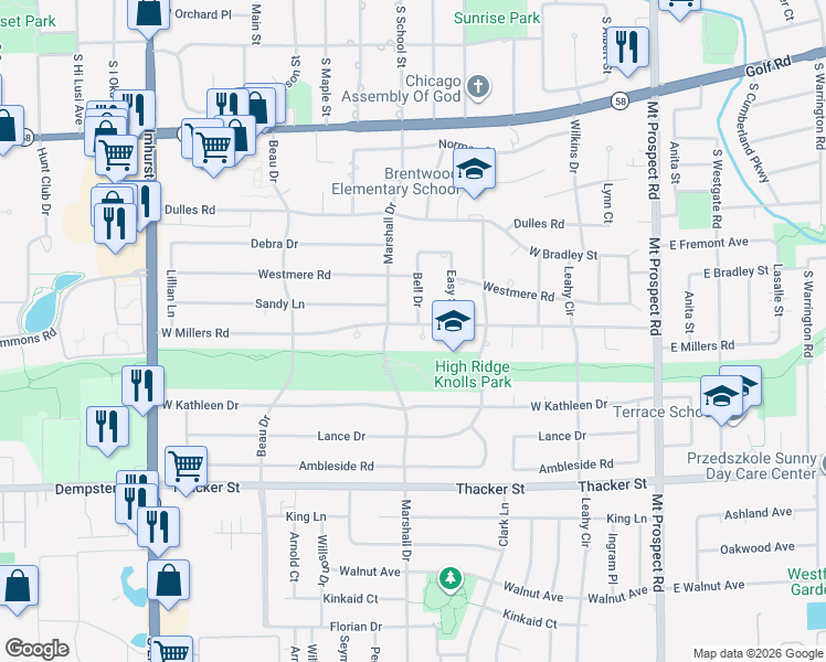 map of restaurants, bars, coffee shops, grocery stores, and more near 361 West Millers Road in Des Plaines