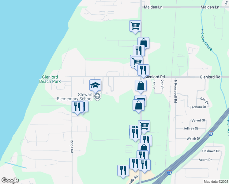 map of restaurants, bars, coffee shops, grocery stores, and more near 4136 Cottage Path in Stevensville
