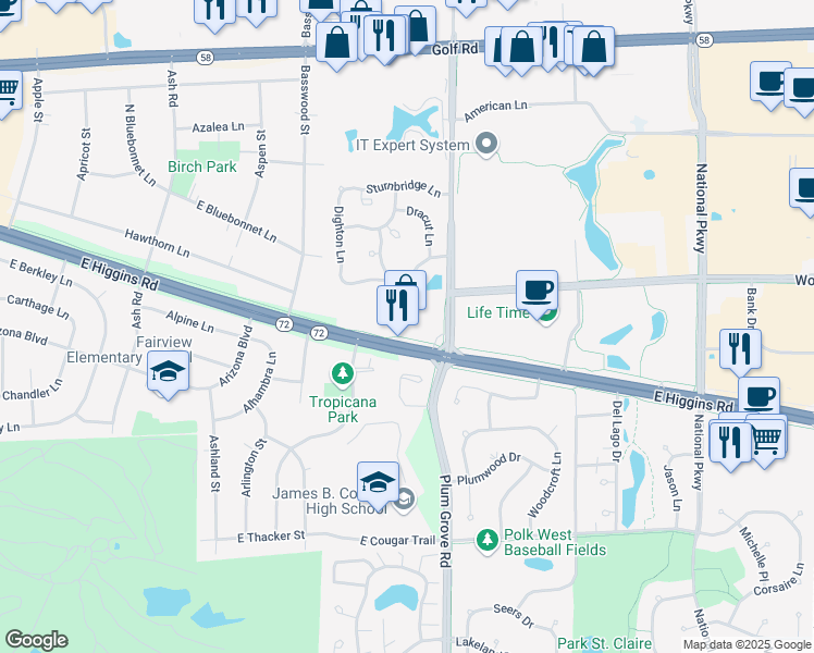map of restaurants, bars, coffee shops, grocery stores, and more near 706 East Higgins Road in Schaumburg