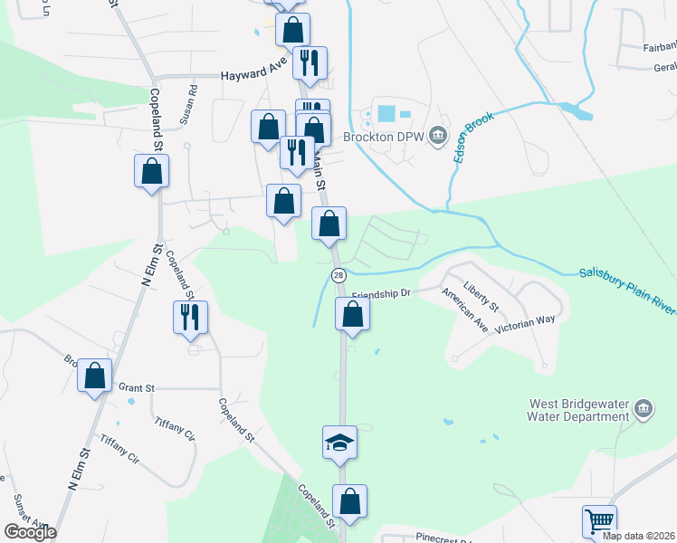 map of restaurants, bars, coffee shops, grocery stores, and more near 775 North Main Street in West Bridgewater