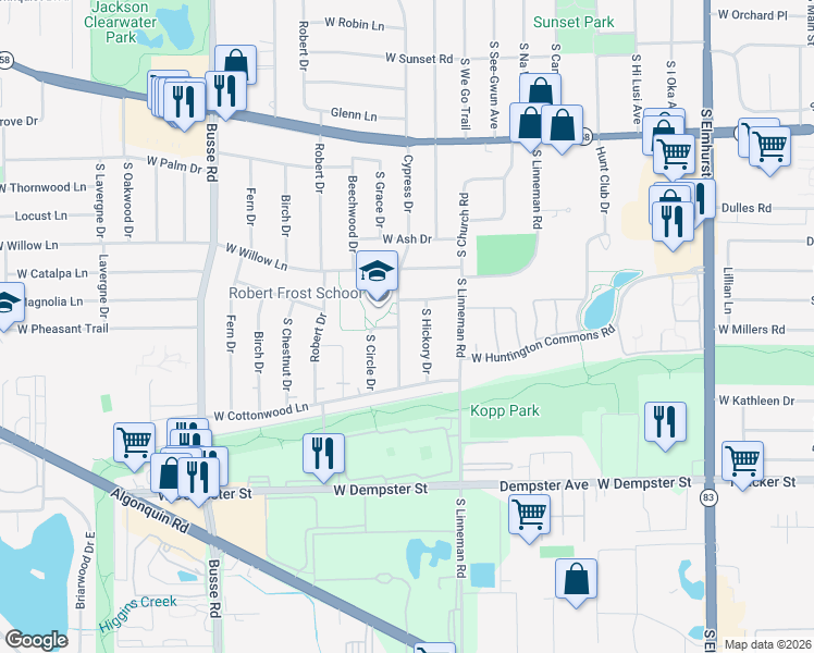 map of restaurants, bars, coffee shops, grocery stores, and more near 1405 Cypress Drive in Mount Prospect