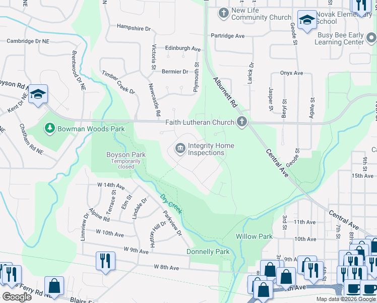 map of restaurants, bars, coffee shops, grocery stores, and more near Bowhunter Drive in Marion