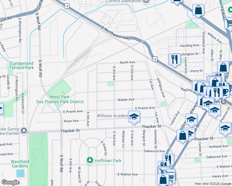 map of restaurants, bars, coffee shops, grocery stores, and more near 905 Greenview Avenue in Des Plaines
