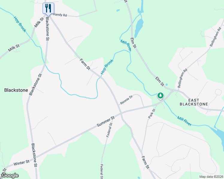 map of restaurants, bars, coffee shops, grocery stores, and more near 179 Farm Street in Blackstone