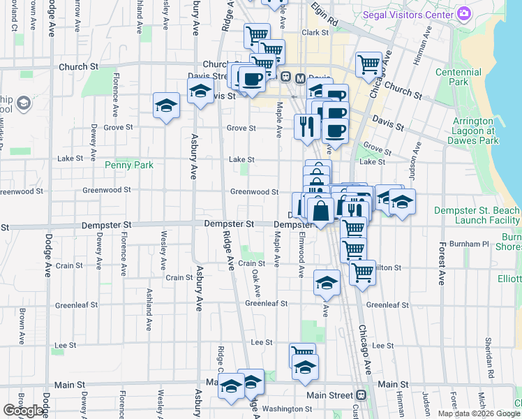 map of restaurants, bars, coffee shops, grocery stores, and more near 1316 Maple Avenue in Evanston