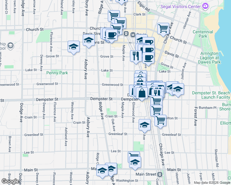 map of restaurants, bars, coffee shops, grocery stores, and more near 1316 Maple Avenue in Evanston