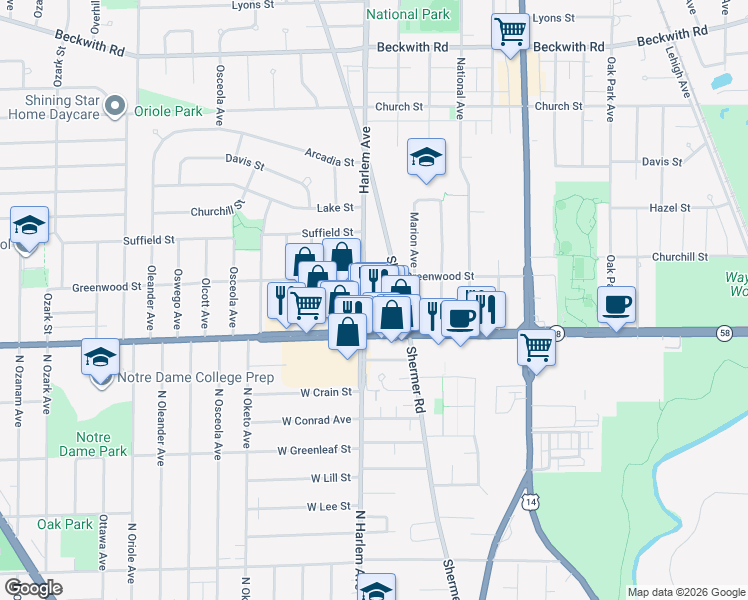 map of restaurants, bars, coffee shops, grocery stores, and more near 8829 Harlem Ave in Morton Grove