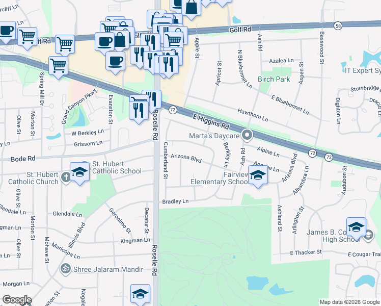 map of restaurants, bars, coffee shops, grocery stores, and more near 110 Arizona Boulevard in Hoffman Estates