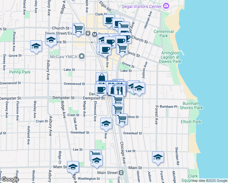 map of restaurants, bars, coffee shops, grocery stores, and more near 1303 Chicago Avenue in Evanston