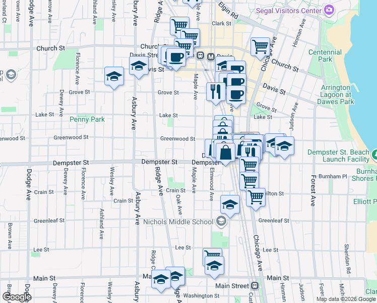 map of restaurants, bars, coffee shops, grocery stores, and more near 1316 Maple Avenue in Evanston
