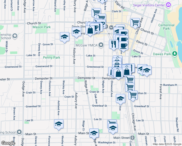 map of restaurants, bars, coffee shops, grocery stores, and more near in Evanston