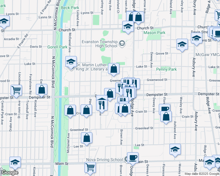 map of restaurants, bars, coffee shops, grocery stores, and more near 2100 Greenwood Street in Evanston