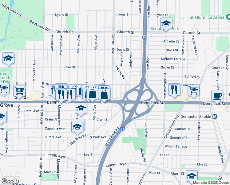 map of restaurants, bars, coffee shops, grocery stores, and more near 8827 Central Avenue in Morton Grove