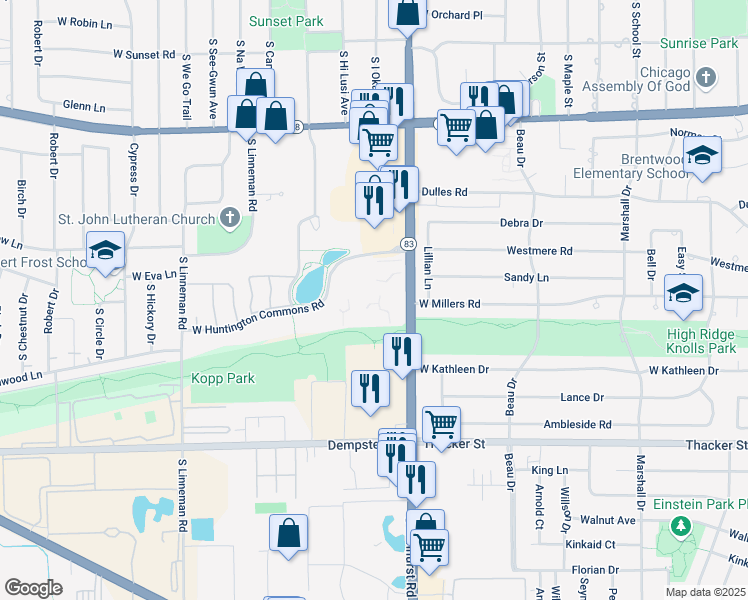 map of restaurants, bars, coffee shops, grocery stores, and more near 1300 Elmhurst Road in Mount Prospect