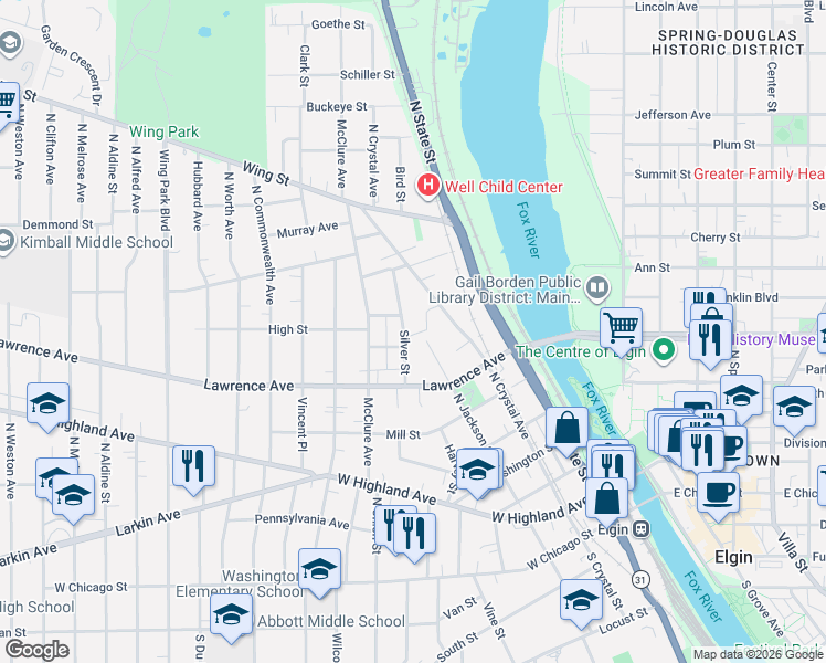 map of restaurants, bars, coffee shops, grocery stores, and more near 360 North Crystal Avenue in Elgin