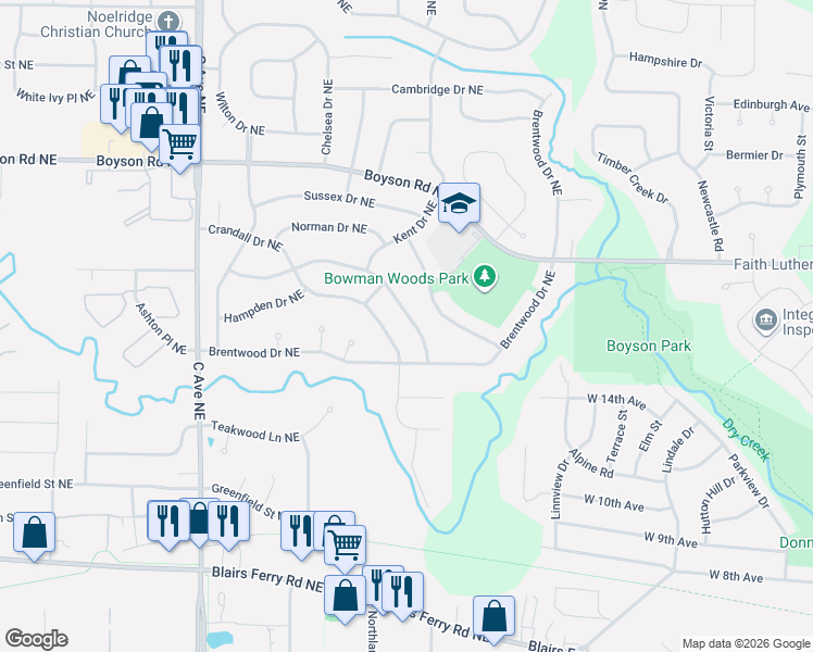 map of restaurants, bars, coffee shops, grocery stores, and more near 225 Windsor Drive Northeast in Cedar Rapids