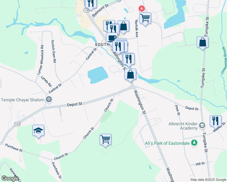 map of restaurants, bars, coffee shops, grocery stores, and more near 139 Depot St in Easton