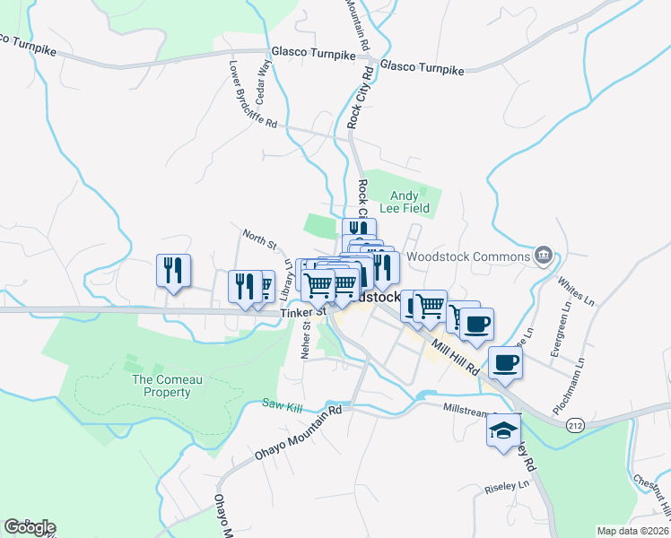 map of restaurants, bars, coffee shops, grocery stores, and more near 31 Mountainview Avenue in Woodstock