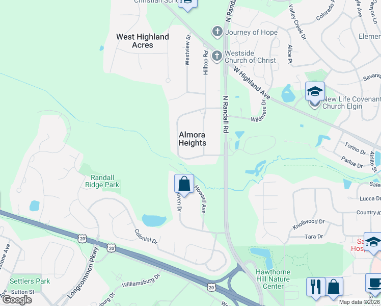 map of restaurants, bars, coffee shops, grocery stores, and more near 37W148 Brookside Drive in Elgin