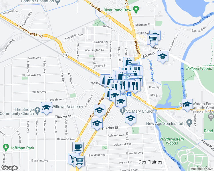 map of restaurants, bars, coffee shops, grocery stores, and more near 1622 Graceland Avenue in Des Plaines