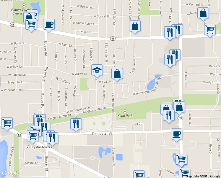 map of restaurants, bars, coffee shops, grocery stores, and more near 1210 South Linneman Road in Mount Prospect