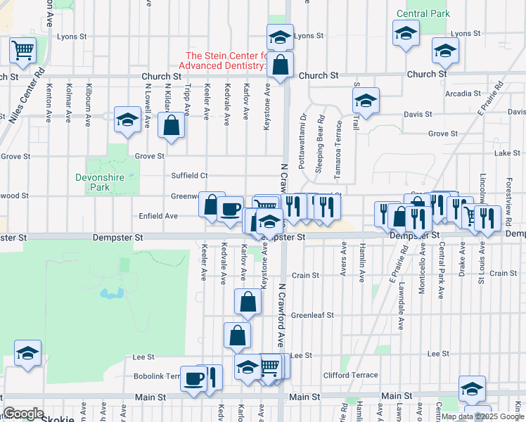 map of restaurants, bars, coffee shops, grocery stores, and more near 4030 Enfield Avenue in Skokie