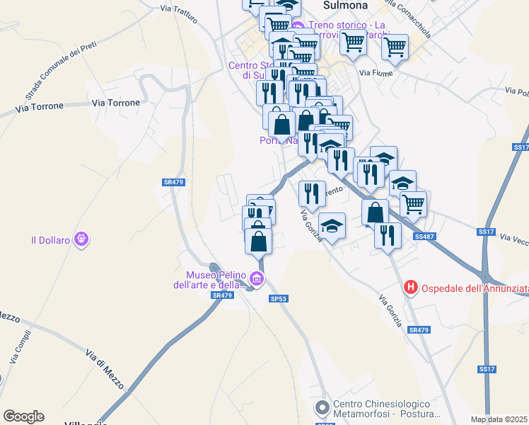 map of restaurants, bars, coffee shops, grocery stores, and more near 11 SR479 in Sulmona