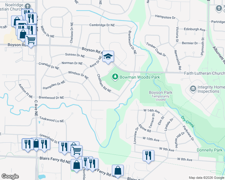 map of restaurants, bars, coffee shops, grocery stores, and more near 170 Chatham Road Northeast in Cedar Rapids