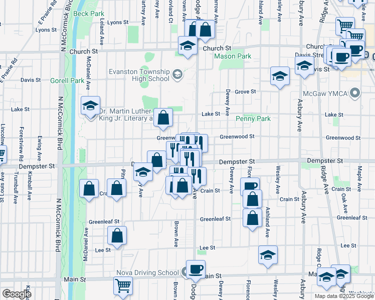 map of restaurants, bars, coffee shops, grocery stores, and more near 1941-1961 Dempster Street in Evanston