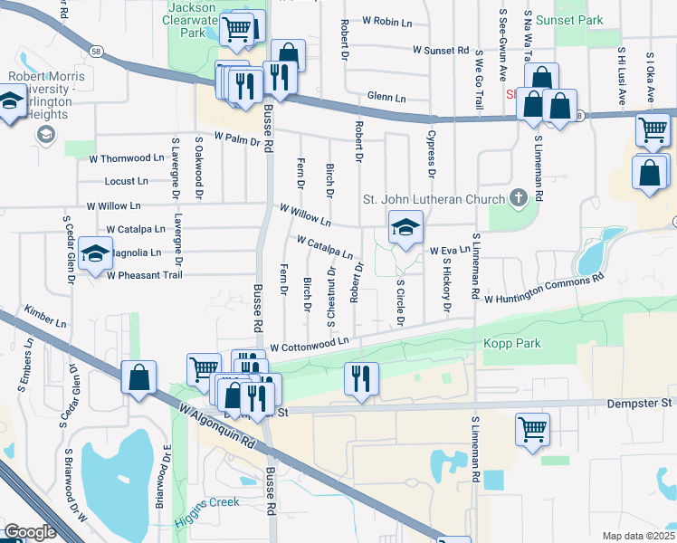 map of restaurants, bars, coffee shops, grocery stores, and more near 1407 South Chestnut Drive in Mount Prospect