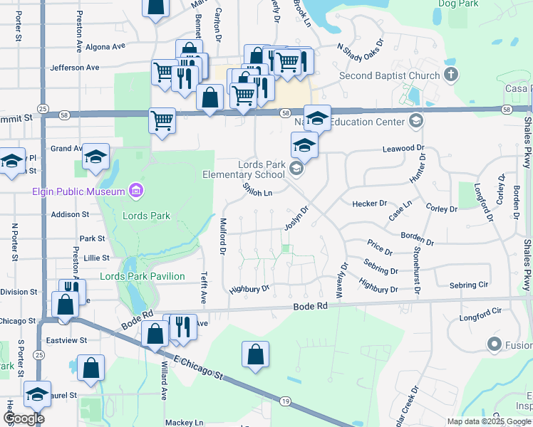 map of restaurants, bars, coffee shops, grocery stores, and more near 80 Joslyn Drive in Elgin