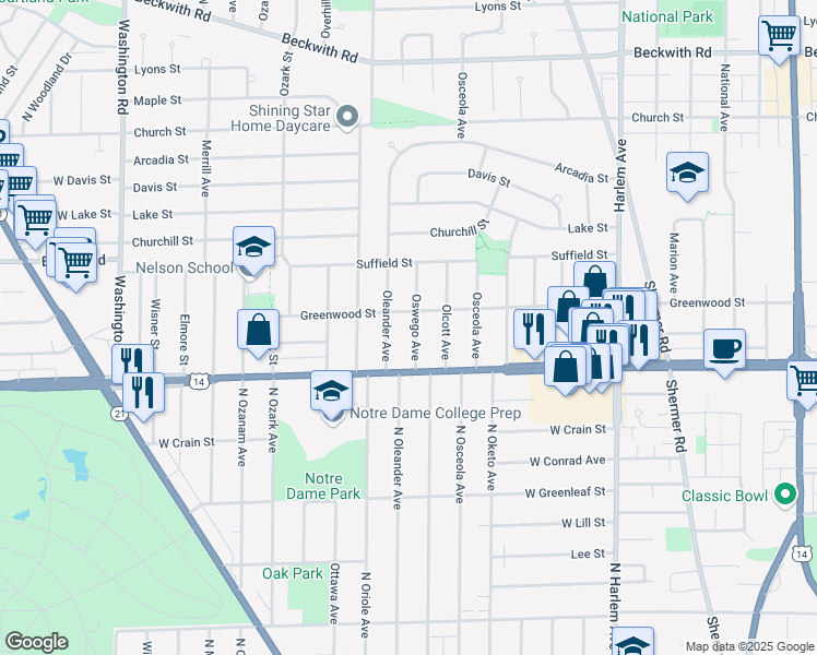 map of restaurants, bars, coffee shops, grocery stores, and more near 8832 Oswego Avenue in Morton Grove