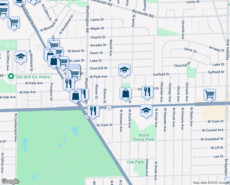 map of restaurants, bars, coffee shops, grocery stores, and more near 8847 North Merrill Street in Niles