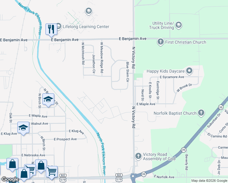 map of restaurants, bars, coffee shops, grocery stores, and more near 806 Blue Stem Circle in Norfolk