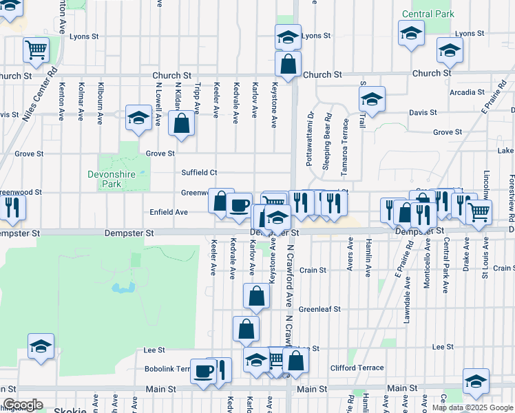 map of restaurants, bars, coffee shops, grocery stores, and more near 8840 Karlov Avenue in Skokie