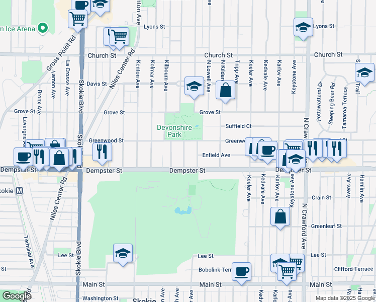 map of restaurants, bars, coffee shops, grocery stores, and more near 8843 Kostner Terrace in Skokie