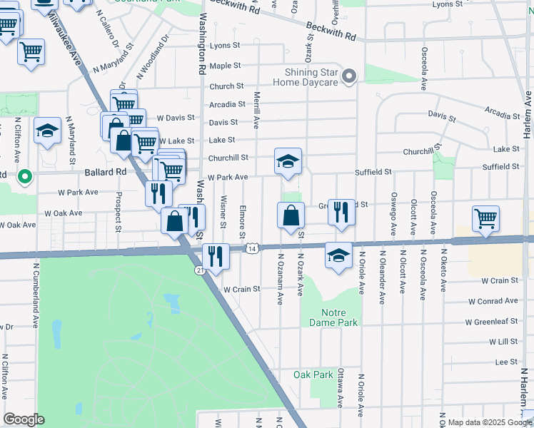 map of restaurants, bars, coffee shops, grocery stores, and more near 8847 North Merrill Street in Niles