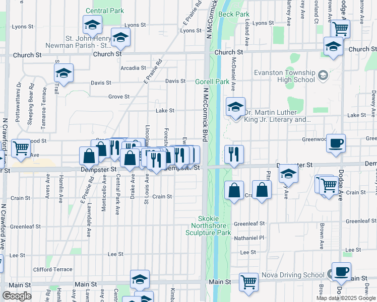 map of restaurants, bars, coffee shops, grocery stores, and more near 8833 Ewing Avenue in Evanston