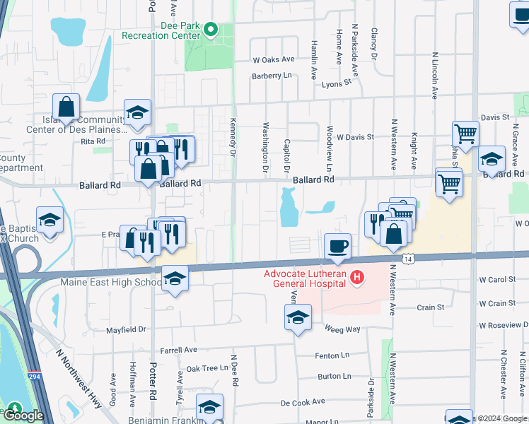 map of restaurants, bars, coffee shops, grocery stores, and more near 8909 Robin Drive in Des Plaines