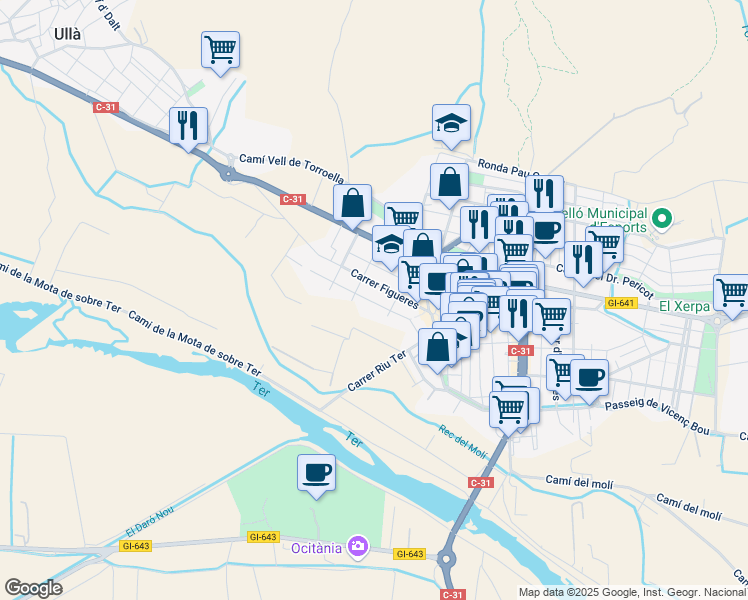 map of restaurants, bars, coffee shops, grocery stores, and more near 68 Carrer Migdia in Torroella de Montgrí