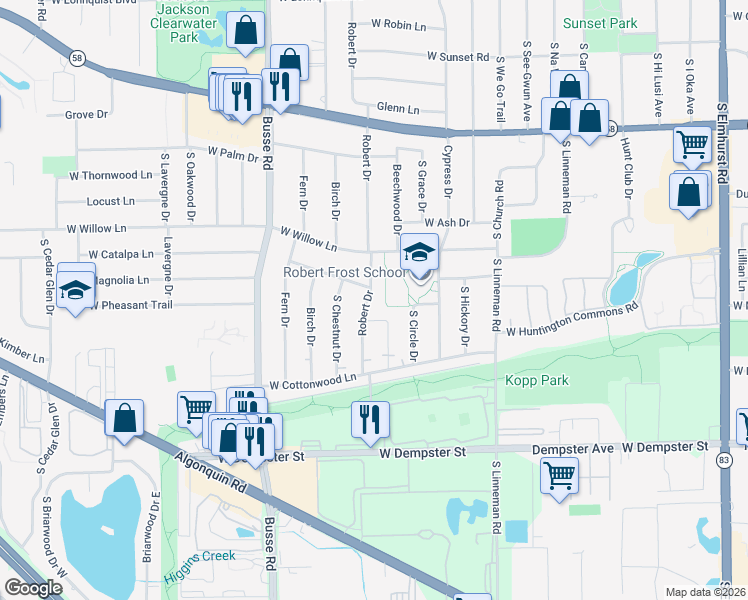 map of restaurants, bars, coffee shops, grocery stores, and more near 1405 Robert Drive in Mount Prospect