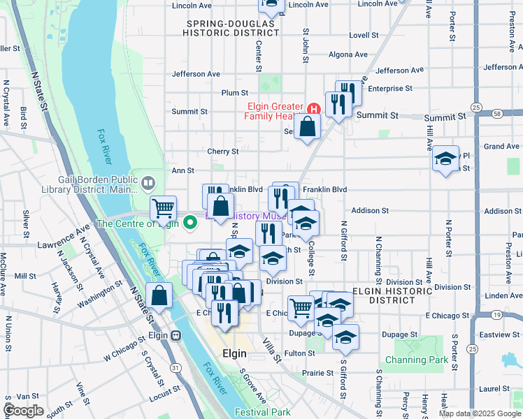 map of restaurants, bars, coffee shops, grocery stores, and more near 251 Center Street in Elgin