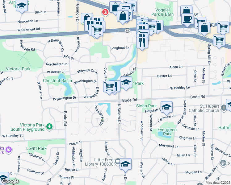 map of restaurants, bars, coffee shops, grocery stores, and more near 850 Colony Lake Drive in Schaumburg