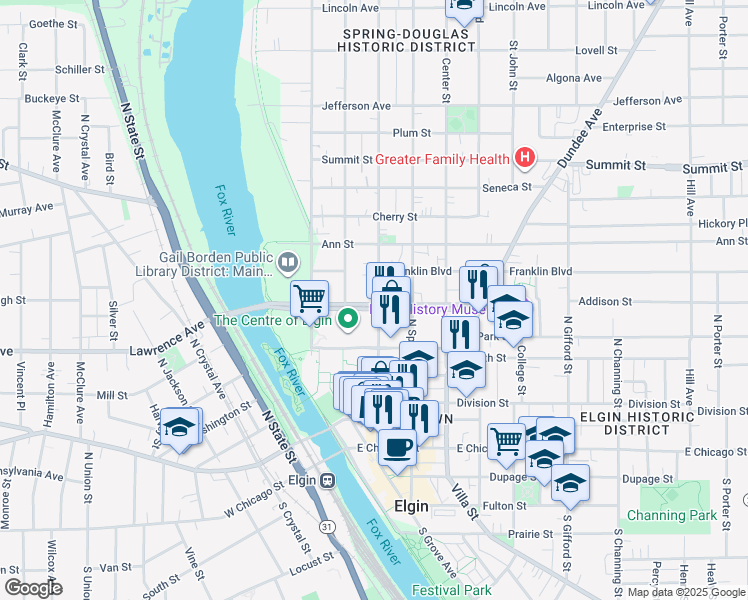 map of restaurants, bars, coffee shops, grocery stores, and more near 251 Douglas Avenue in Elgin