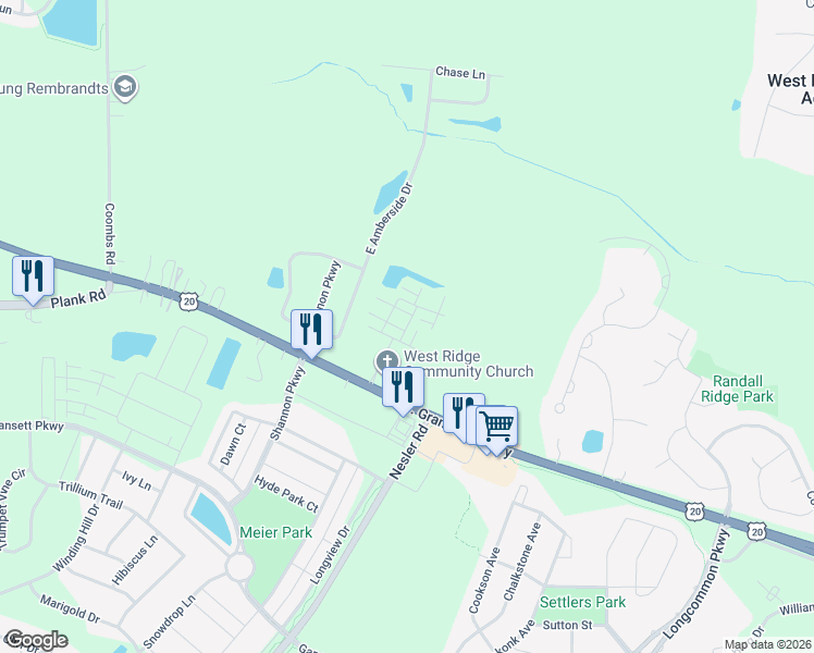 map of restaurants, bars, coffee shops, grocery stores, and more near 462 Churchill Drive in Elgin