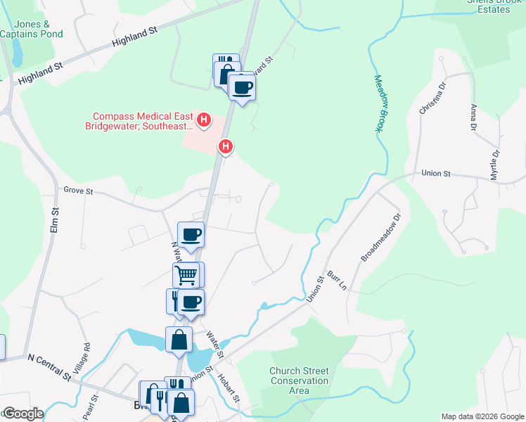 map of restaurants, bars, coffee shops, grocery stores, and more near 33 Rodeo Drive in East Bridgewater